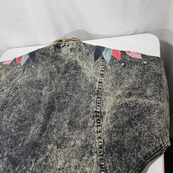 Diamonds Leather Acid Wash Embellished Denim Jean Jacket 1980s USA Size Medium - Picture 9 of 15